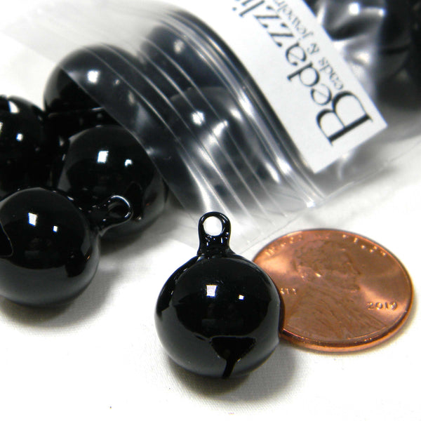 Dark Jet Black 14mm 1/2 inch Brass Base Metal Jingle Bell Charms with Loop Hole for Hanging as Pendants or Christmas Decorations~Sold Individually