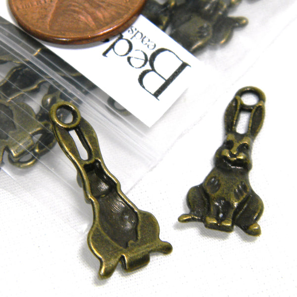 Antiqued Bronze 1 inch Sitting Easter Bunny Rabbit Pendant Charms Antique Plated over Pewter Base Metal with 1.8mm Ring Loop Hole~Sold Individually