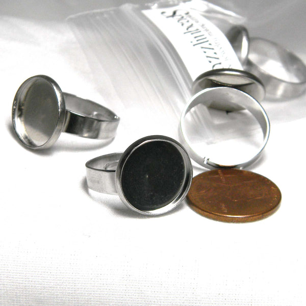Surgical 304 Grade Stainless Steel Silver Metal 14mm Bezel Cup Blank Setting Adjustable Size 6 - 8 Finger Ring Jewelry Findings with Thick Band~Sold Individually
