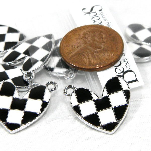 Double Sided Black & White Checkered Enamel Diagonal Heart Race Finish Winner Flag Silver Metal Pendant Charms~Sold Individually
