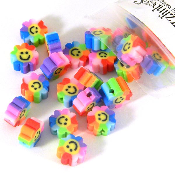 Rainbow Colored Polymer Clay Smiley Face 10mm x 4mm Flat Flower Petal Beads with Happy Face~Sold Individually