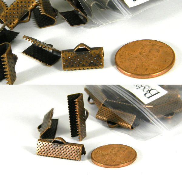 Textured Antique Copper Plated Flat Ribbon Crimp Clamp End Jewelry Findings with Teeth and Loop for Clasps~Sold Individually
