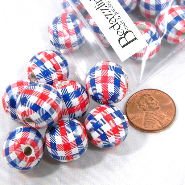 Big Red White & Blue Checkered Gingham Patriotic USA Pattern 16mm Chunky Wood Beads with Large 4mm Hole~Sold Individually