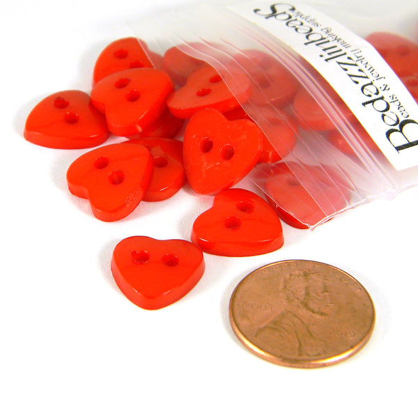 Bright Red 1/2 Inch (12mm) Plastic Acrylic Flat Heart Sewing Buttons with 2 Sew Holes~Sold Individually