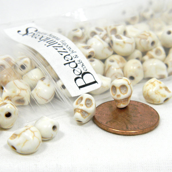 Small 8mm Imitation Bone Beige & Brown Skeleton Skull Little Ivory Crackle Stone Beads with Hole for Stringing~Sold Individually