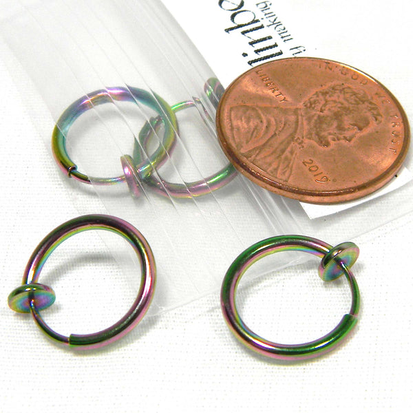 Small 1/2 inch Rainbow Ion 304 Grade Stainless Steel Round Clip on Hoop Earring Findings with Adjustable Spring Closure~Sold Individually