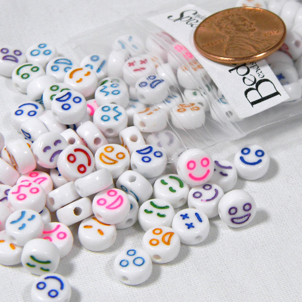 Flat 7mm Round x 3.5mm Thick Coin Facial Expression Plastic Acrylic Beads with Smiley, Sad, Happy etc. Face~Sold per 200