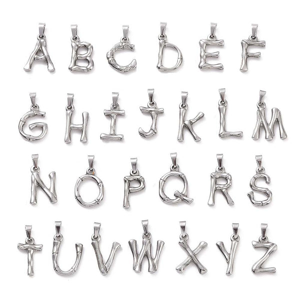 304 Grade Stainless Steel Silver Bamboo Wood Branch Style Initial Monogram Letter Charm Pendant with Bail for Hanging~Sold Individually