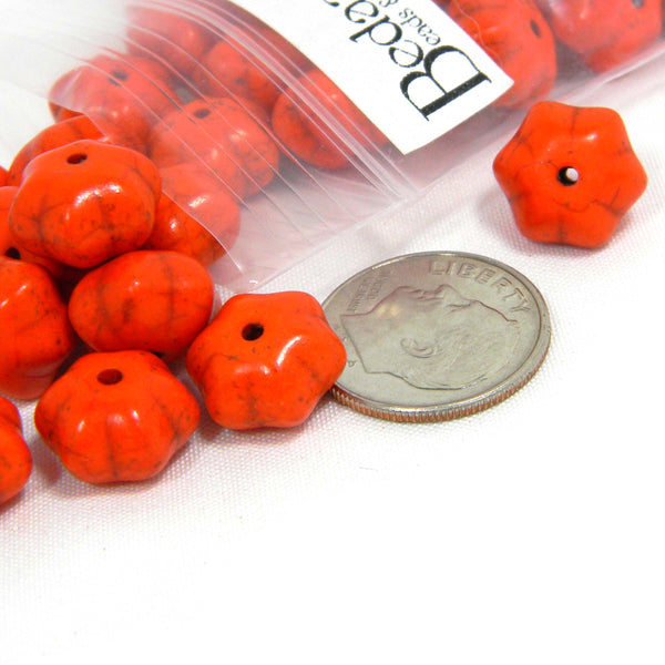 Synthetic Turquoise 12mm Round x 8mm Thick Corrugated Orange Halloween Pumpkin Stone Fall Beads with Internal Cracks~Sold Individually