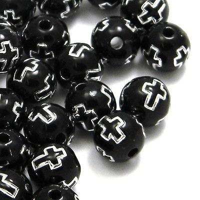 Opaque Black 8mm Round Plastic Acrylic Beads with Silver Cross Accent~Sold Individually