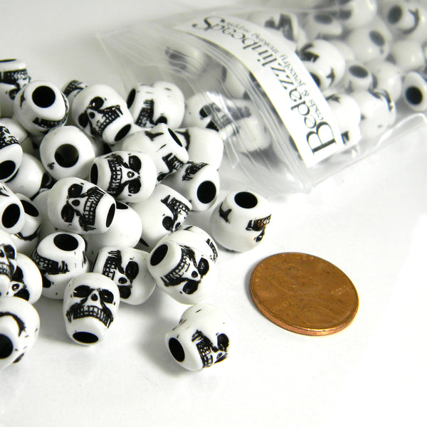 White & Black 10mm Plastic Acrylic Skeleton Skull Shaped Pony Craft Beads with Big 3.5mm Hole for Thick Cording or Chains~Sold Individually