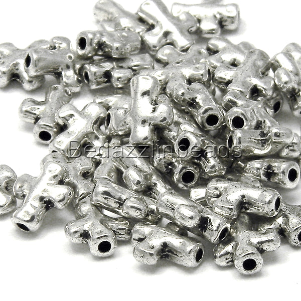 Antique Silver Little 10mm Cross Beads Wooden Branch Style with 1.5mm Hole~Sold Individually