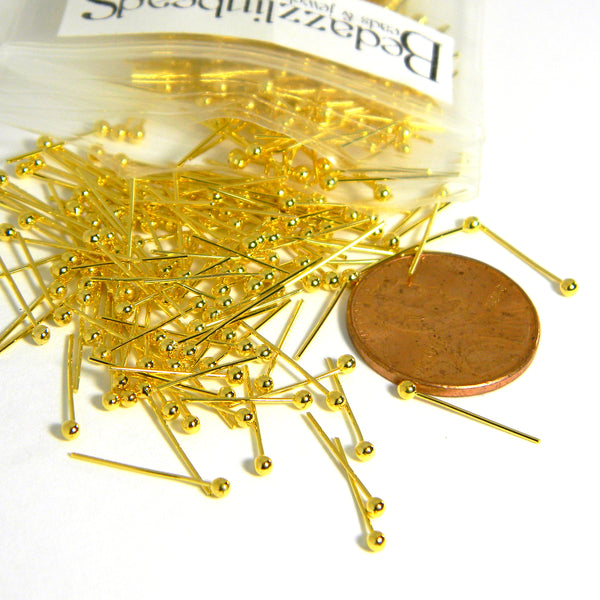 Yellow Gold Plated Brass 14mm Long 24 Gauge 0.51mm Headpins with 1.8mm Fancy Round Ball End Head Pin Jewelry Findings~Sold Individually