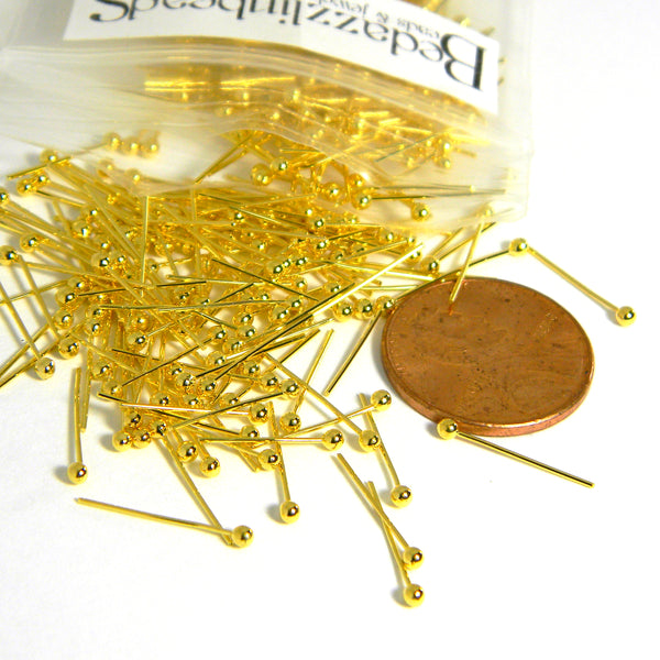 Yellow Gold Plated Brass 14mm Long 24 Gauge 0.51mm Headpins with 1.8mm Fancy Round Ball End Head Pin Jewelry Findings~Sold Individually