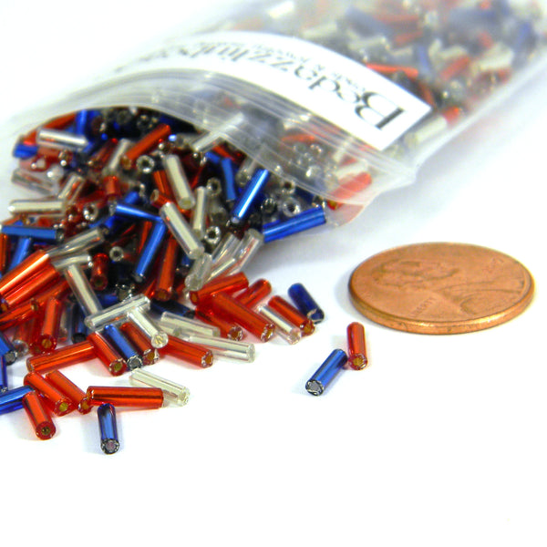 Patriotic Mix of Silver Lined Red, White, & Blue 1/4 inch Long 6mm Glass Bugle Tube USA Flag Colored Seed Beads~Sold in 20 gram Incerments