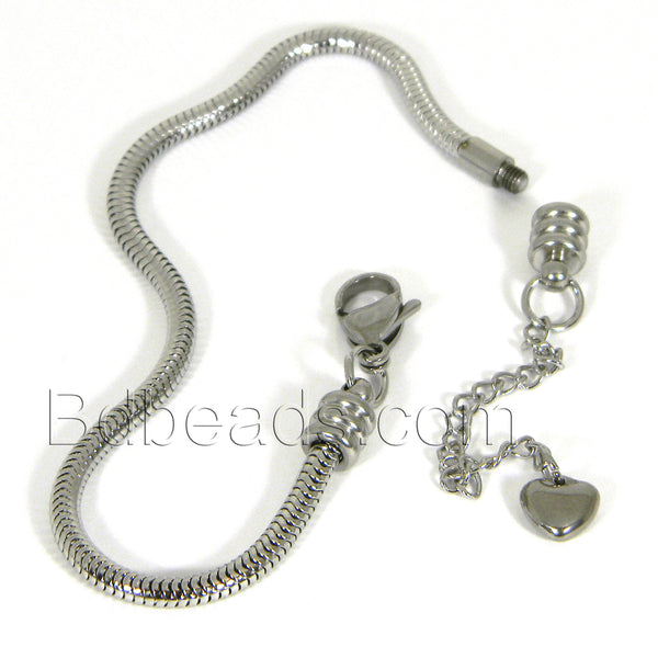 304 Grade Surgical Stainless Steel Silver European 3mm Snake Chain Add Beads Charm Bracelet with Screw off End & Adjustable Extension with Heart~Sold Individually