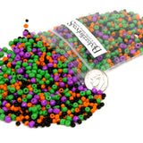 Small Assorted Halloween Mix Glass Seed Beads in Black, Orange, Purple & Green Size 2mm - 4mm ~ Sold in 100 Gram Increments