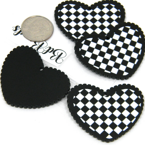 Big 1 1/4 inch Black & White Checkered Flag Gingham Buffalo Heart Shaped Plastic Acrylic Pendant Charms ~ Sold Individually