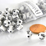 White & Black 8mm Round Plastic Acrylic Christian Engraved Cross Jewelry Craft Beads with 1.5mm Hole~Sold Individually