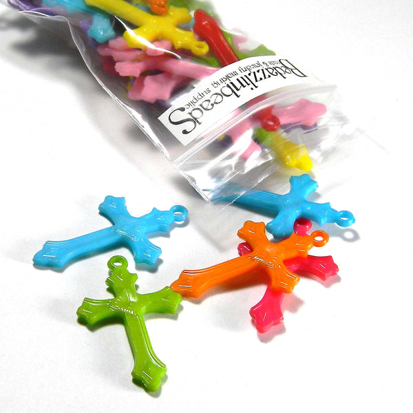 Assorted Big 1 1/2 inch Long Plastic Acrylic Cross Charm Pendants in a Mix of Bright Colors ~Sold in Increments of 50