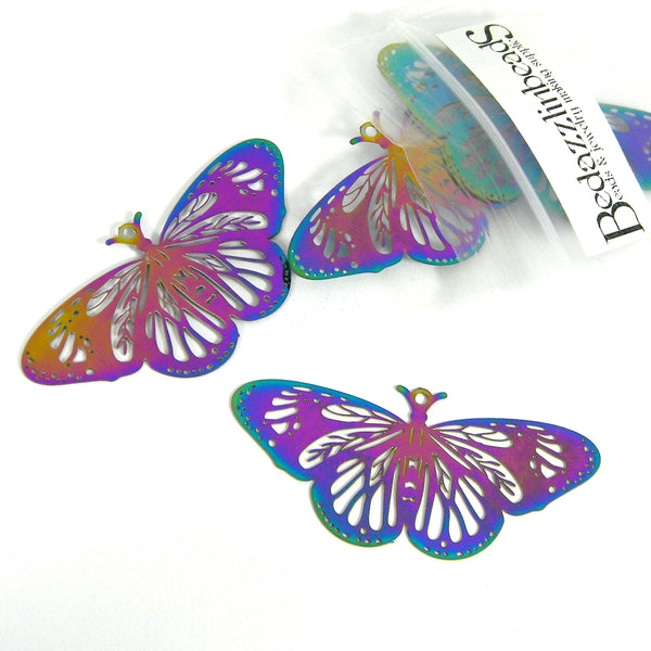 Big Rainbow Ion Plated over 201 Grade Stainless Steel Thin Etched Metal Butterfly Charms with Loop~Sold Individually