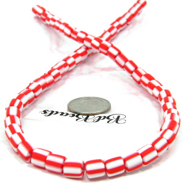 Red & White Candy Cane Striped Polymer Clay 6mm Round Barrel Christmas Beads with Hole for Jewelry and Crafts ~ 15 1/2 inch Strand