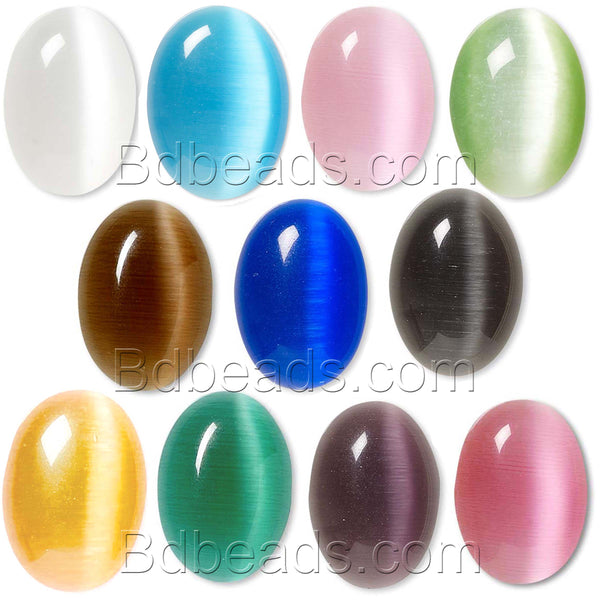 Grade A Glass Cat's Eye 14mm x 10mm Domed Oval Flat Back Cabochon Embellishment Pieces for Jewelry, Mosaics, Wire Wrapping and other Crafts~Sold Individually