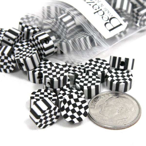 Black & White 8mm Round Checkered Flag Racing Coin Beads with Square Farmhouse Gingham, Christmas Buffalo Pattern ~ Sold Individually