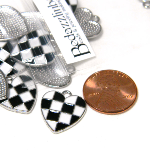 Black & White Checkered Racing Flag Heart Shaped Silver & Enamel Race Finish Silver Metal Charms~Sold Individually