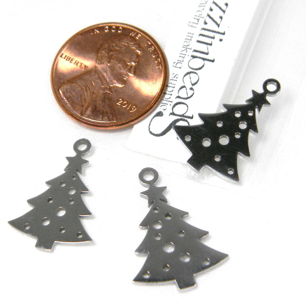 Shiny Silver 3/4" inch 20mm Stainless Steel Metal Christmas Tree Charms with Assorted Size Holes for Ornaments & Star Topper on Top~Sold Individually