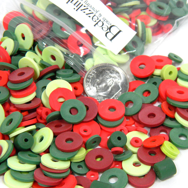 Christmas Colored Flat Round Spacer Rondelle Disc Polymer Clay Beads in a Mixed Assortment of Reds & Greens ~ Sold in 25 Grams Increments