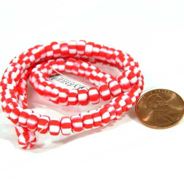 1 Strand of Handmade 6mm - 7mm Round 3mm-4mm Thick Red & White Polymer Clay Rondelle Disc Candy Cane Striped Christmas Beads with 1.3mm Hole for Stringing Jewelry