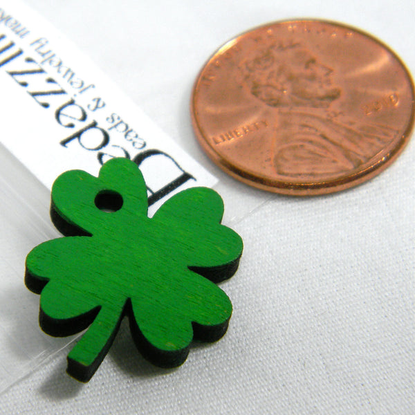 Handmade 3/4inch Hand Painted Green Wooden 4 Leaf Lucky Clover Wood St Patrick's Day Charms with Four Leaves for Saint Patricks~Sold Individually