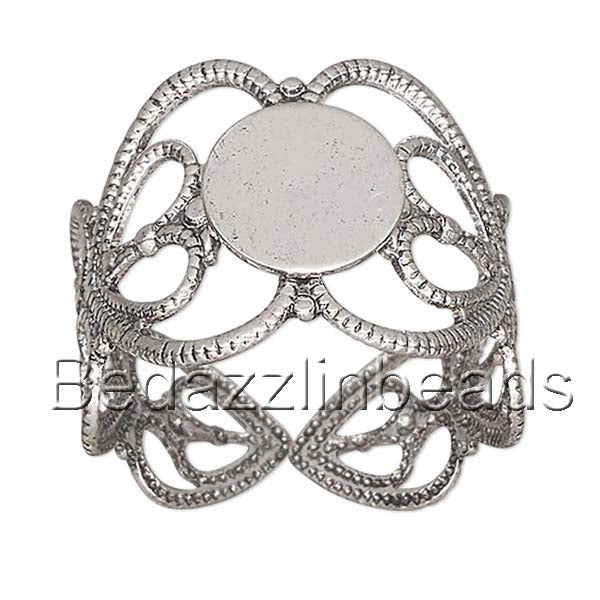 Adjustable Heart Design Filigree Finger or Toe Ring Finding with 8mm Round Cabochon Flat Back Pad Setting for Size 7 - 9~Sold Individually