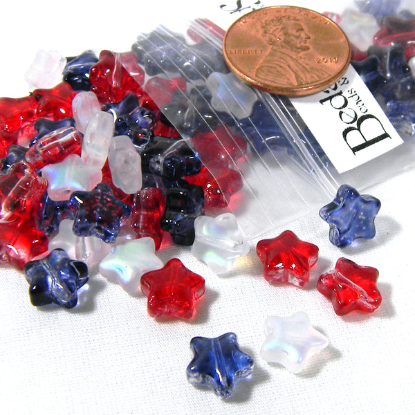 Patriotic Clear White AB and Red & Blue 8mm USA American Flag Themed Glass Star Beads~Sold in 100 Piece Increments