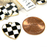 Black & White Checkered Racing Flag Heart Shaped Gold & Enamel Race Finish Golden Metal Charms~Sold Individually