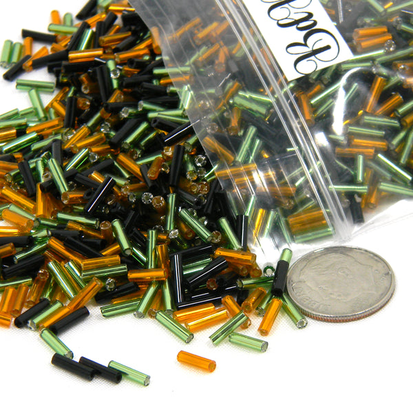 2,400 Assorted Silver Lined Orange & Green with Opaque Black Halloween 1/4 inch Long Glass Bugle Tube Craft Beads in a Mix of Colors ~  Sold in 100 Gram Increments