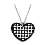 17 1/2 inch Hypoallergenic Stainless Steel Black & White Checkered Flag Gingham Buffalo Patterned Heart Pendant Charm Silver Chain Necklace