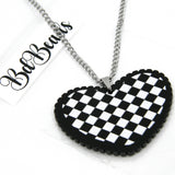 17 1/2 inch Hypoallergenic Stainless Steel Black & White Checkered Flag Gingham Buffalo Patterned Heart Pendant Charm Silver Chain Necklace