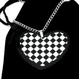 17 1/2 inch Hypoallergenic Stainless Steel Black & White Checkered Flag Gingham Buffalo Patterned Heart Pendant Charm Silver Chain Necklace