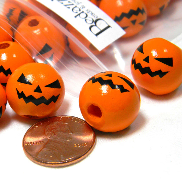 Big 16mm Round Orange & Black Jack O Lantern Wooden Beads with Large 4mm Hole and Scary Pumpkin Face on Halloween Wood Beads~Sold Individually