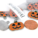 Flat Orange Pumpkin with Black Enamel Jack O Lantern Smiley Face Silver 3/4 inch Halloween Pendant Charms with Loop Ring~Sold Individually