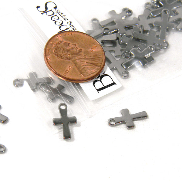 Small 1/2 inch Surgical 304 Grade Stainless Steel Silver Little Cross Charms with Loop Ring~Sold Individually