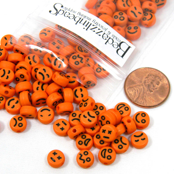 Pumpkin Orange Happy, Scary, Sad, Mad, Happy etc Face Expression Plastic Acrylic 7mm Round Coin Beads with 1.2mm Hole~Sold in 100 Piece Increments