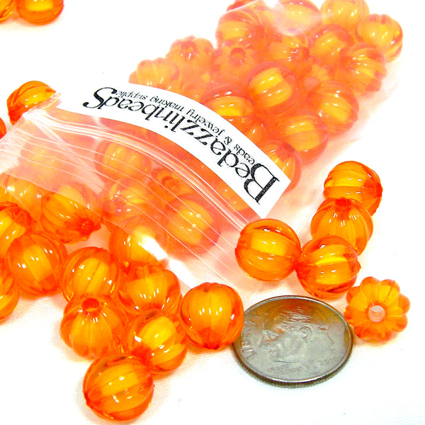 Translucent Orange Corrugated 10mm Round Ribbed Autumn Pumpkin Plastic Acrylic Bead in a Bead Beads for Fall~Sold Individually