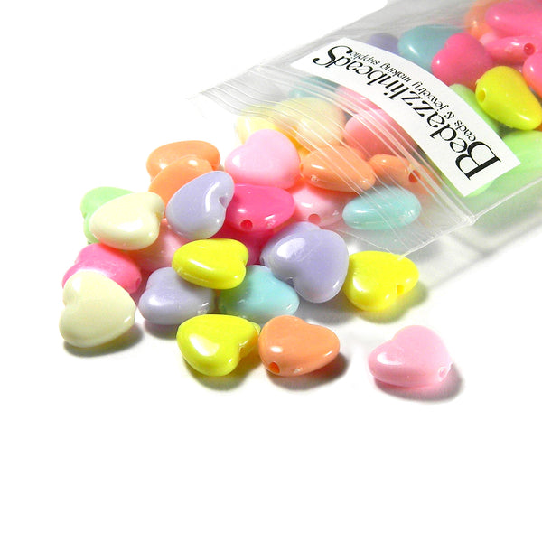 Assorted Pastel Colored 11mm Plastic Acrylic Flat Heart Beads with 1.8mm Hole in a Mix of Colors~Sold in 50 Piece Increments