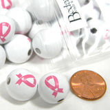 Big 15mm Chunky White Round Wooden Wood Beads with Pink Breast Cancer Awareness Ribbon with Heart~Sold Individually