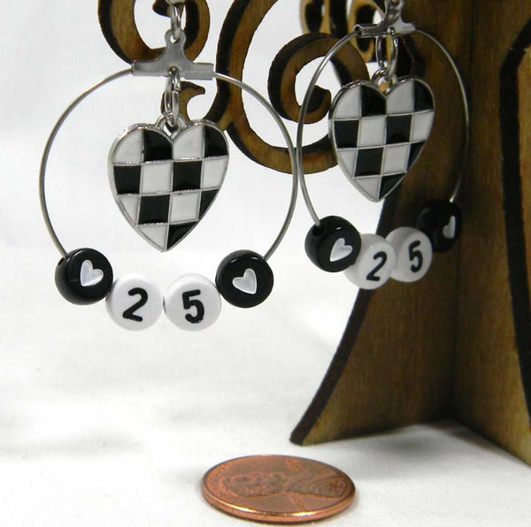 Handmade Big Silver Hypoallergenic Stainless Steel Checkered Flag Heart with Custom Race Car Number Earrings in Gift Pouch ~ Sold in Pairs