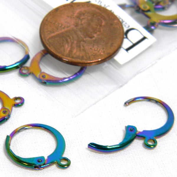 Surgical 304 Grade Small Stainless Steel Rainbow Ion Plated Leverback 1/2 inch Hoop Earring Findings with Open Ring Loop for Charms~Sold Individually