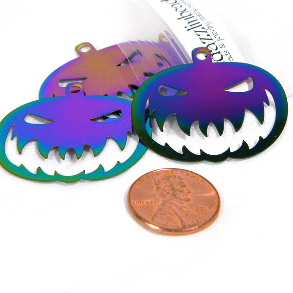 Big Rainbow Ion Plated Stainless Steel Halloween Pumpkin Charms with Mean Scary Jack O Lantern Face Pendants with purple, green, blue, pink+ Chaging Colors~Sold Individually